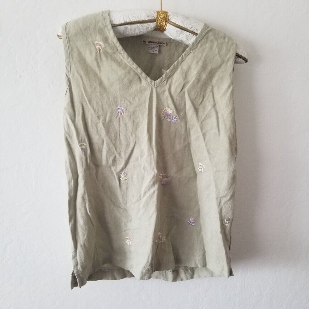NU Construction Women's Sleeveless V-Neck Top Floral Embroidered Linen Sz Medium